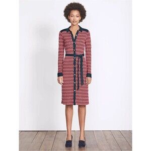 Boden Long-Sleeve Orange Navy Geometric Jersey Knit Shirt Dress Contrast Trim 12